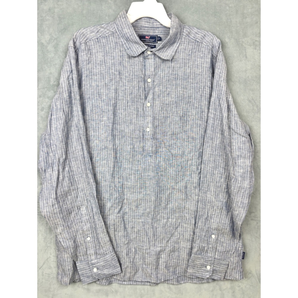 Vineyard Vines Mens Large Blue Striped 100% Linen Long Sleeve Popover Shirt
